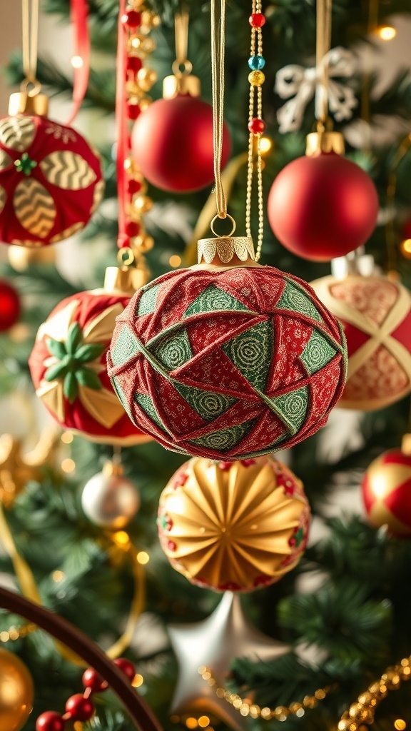 Colorful quilted Christmas ornaments on a decorated tree.